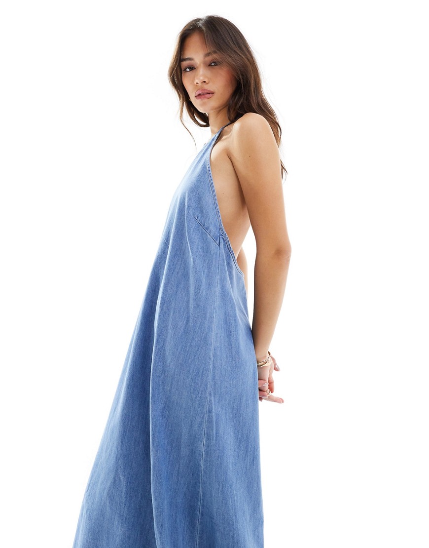 ONLY halter neck denim maxi dress in mid blue