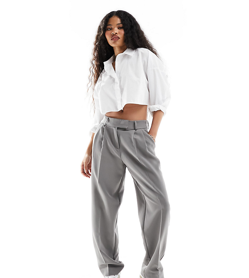 ONLY Petite tailored straight leg dad trouser In grey