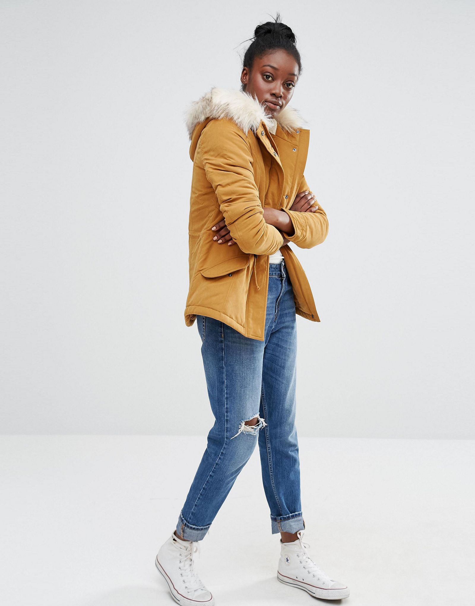 Only Short Parka Jacket with Faux Fur Hood