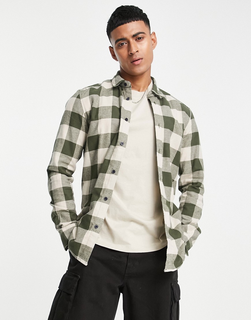 ONLY & SONS buffalo check shirt in khaki and beige-Green