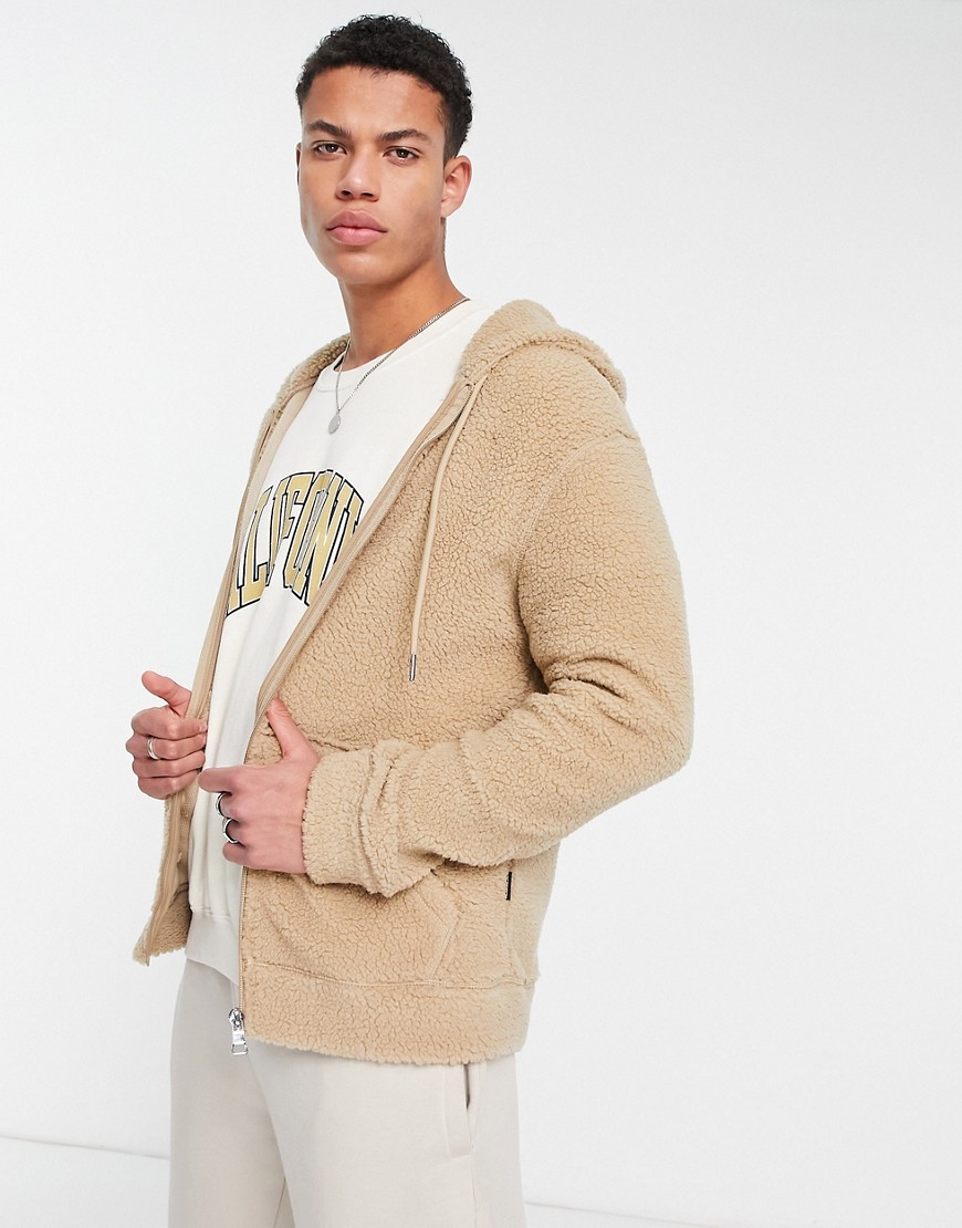 Only & Sons fleece zip hoodie in beige-Neutral