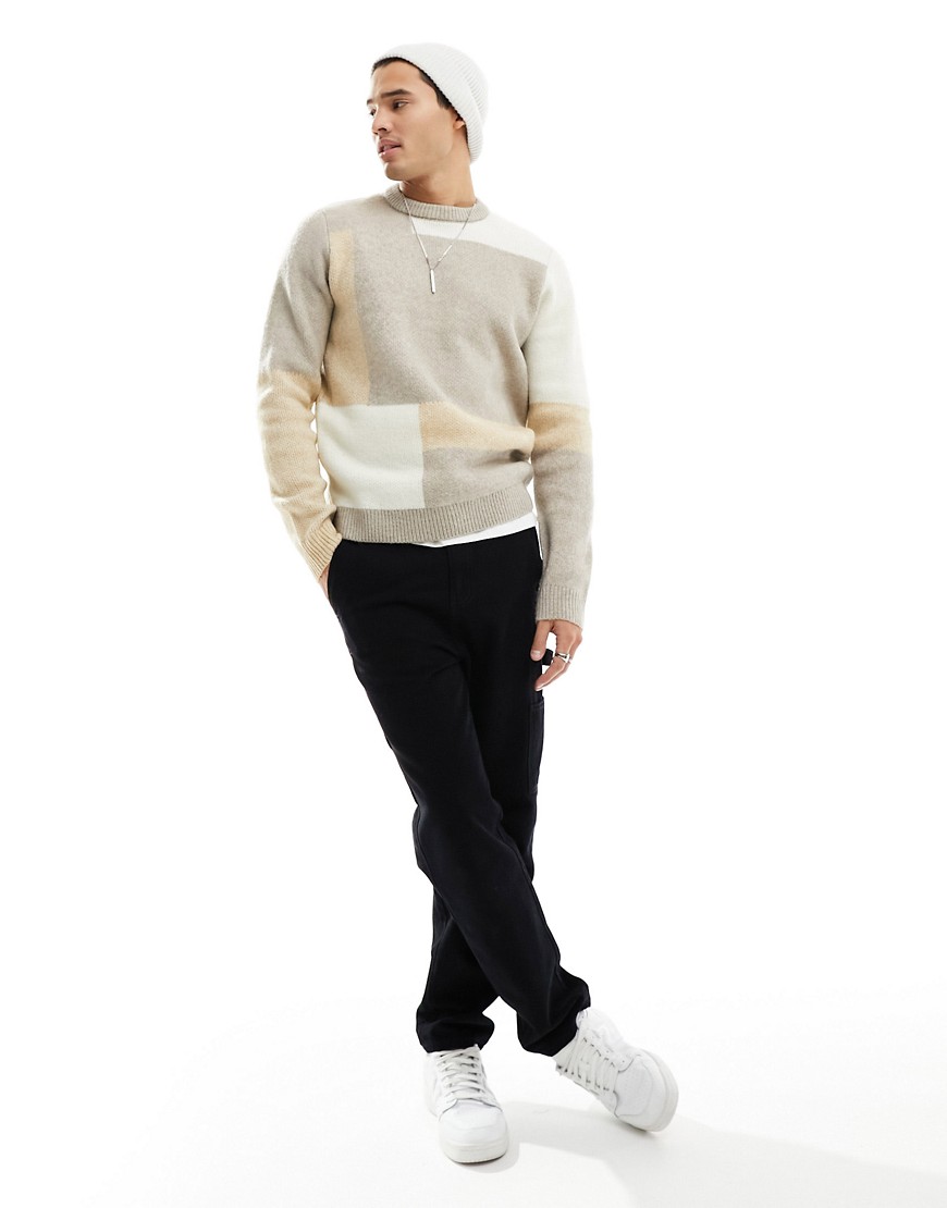 ONLY & SONS knitted crew neck jumper in tonal block patterm-Multi