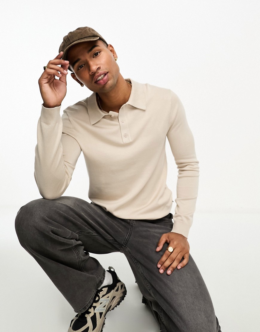 ONLY & SONS longsleeve knitted polo in beige-Neutral