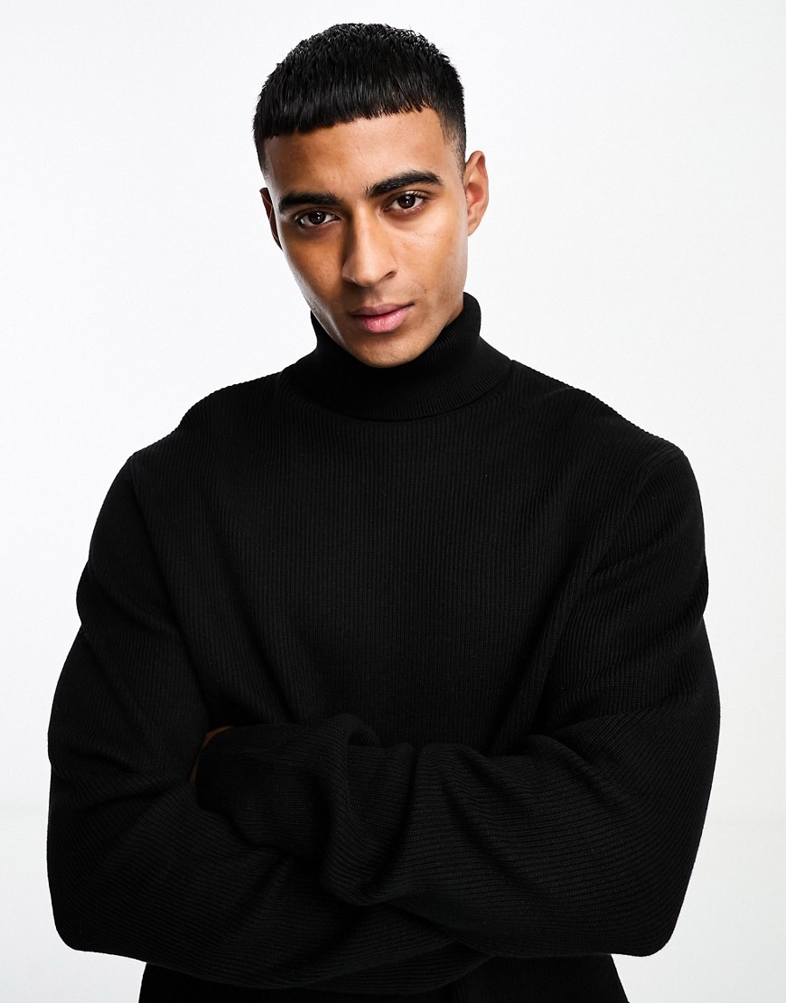 ONLY & SONS roll neck ribbed jumper in black
