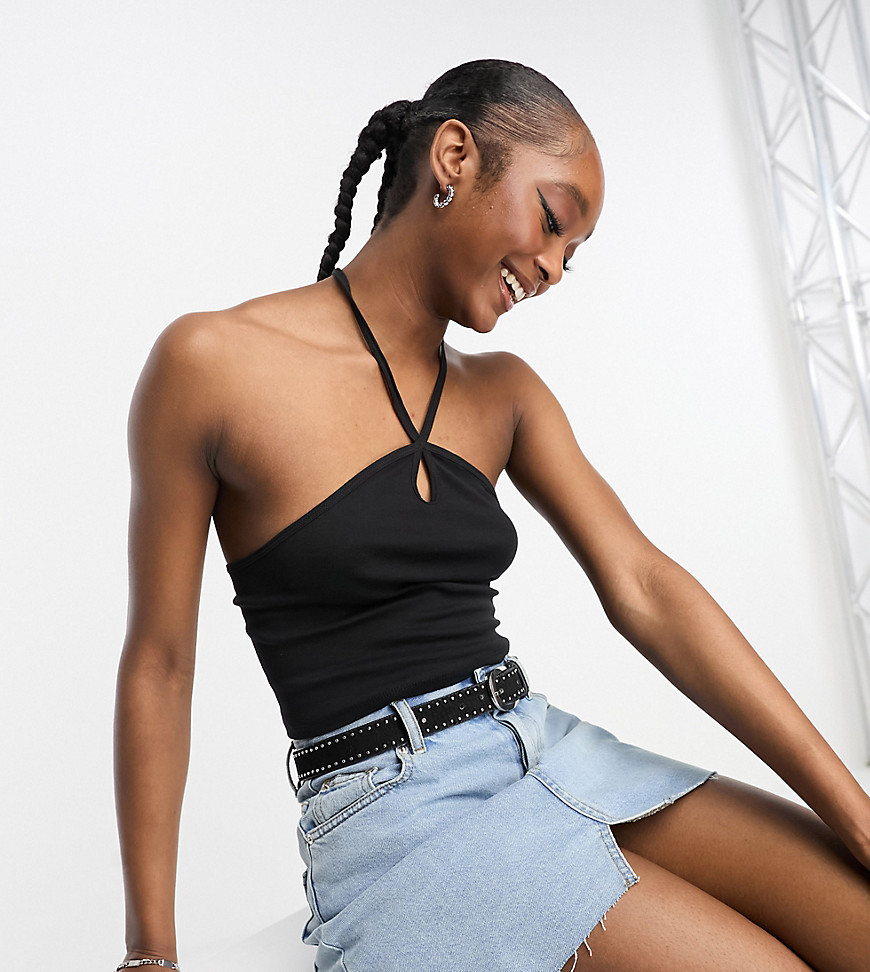 Only Tall exclusive key hole halter neck top in black