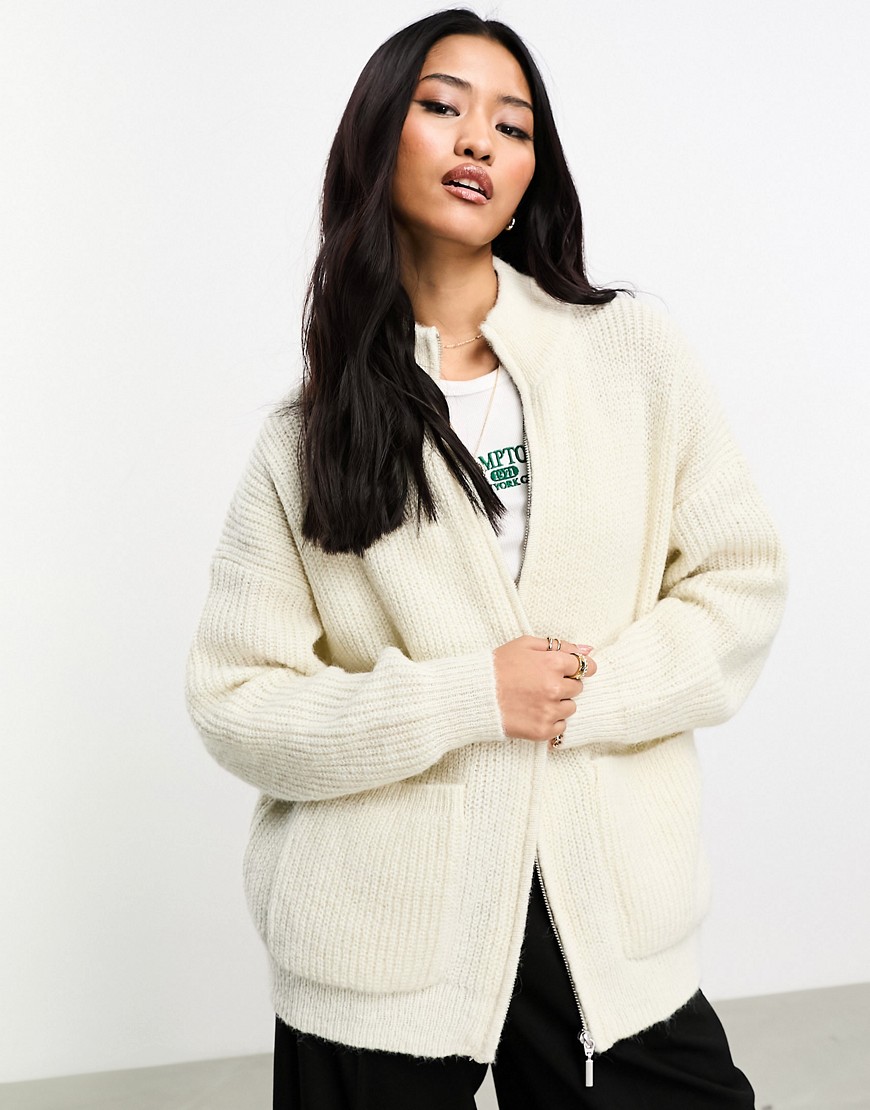 ONLY zip through fluffy ribbed cardigan with pocket detail in cream-White