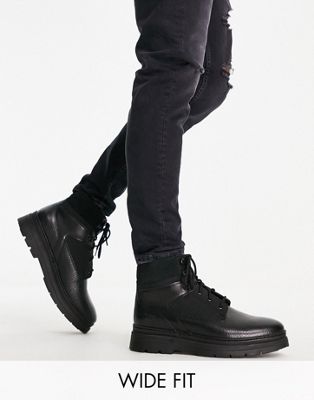 wide fit chunky sole lace up hiker boots in black leather