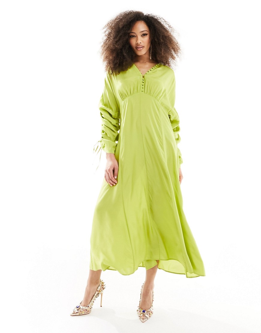 & Other Stories drapey midaxi dress with ruche tie volume sleeves in green