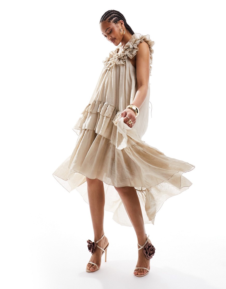 & Other Stories high low hem midaxi dress with ruffles in natural-Neutral