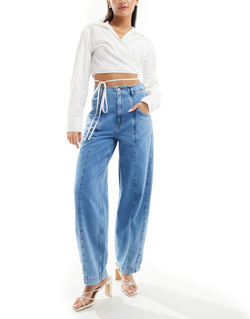 & Other Stories high waist tapered barrel leg jeans in mid blue
