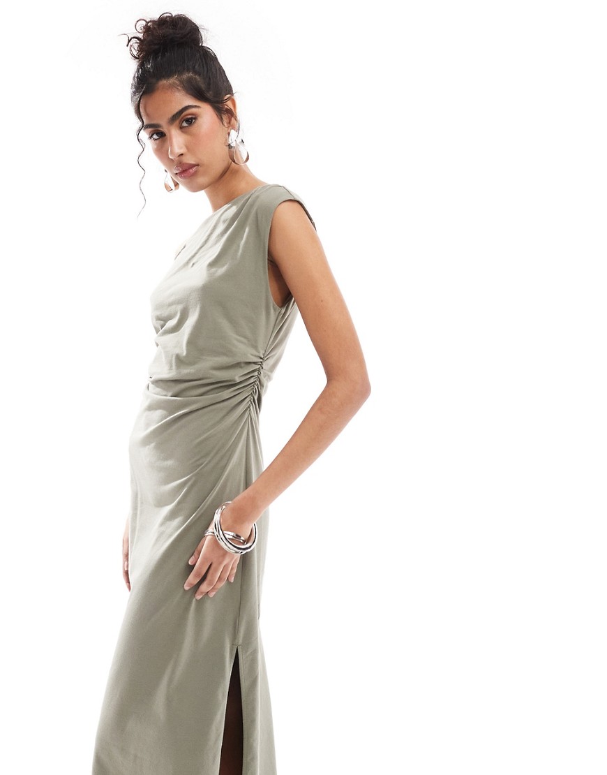 & Other Stories jersey midaxi dress with drape detail and asymmetric twist shoulder detail in khaki-Green
