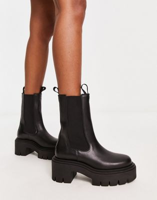 & leather chunky sole heeled boots in black