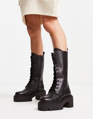 &  leather lace-up chunky sole high boots in black