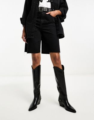 &  leather low heel western thigh boots in black
