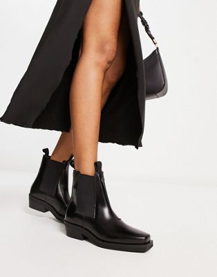 &  leather square toe western biker boots in black