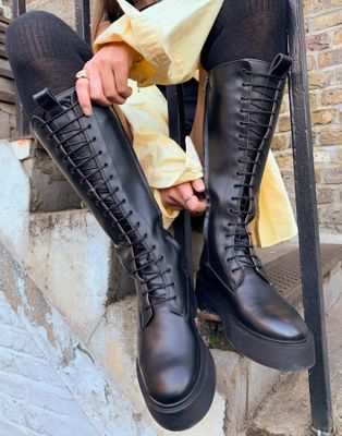 leather tall lace up chunky flat boots in black