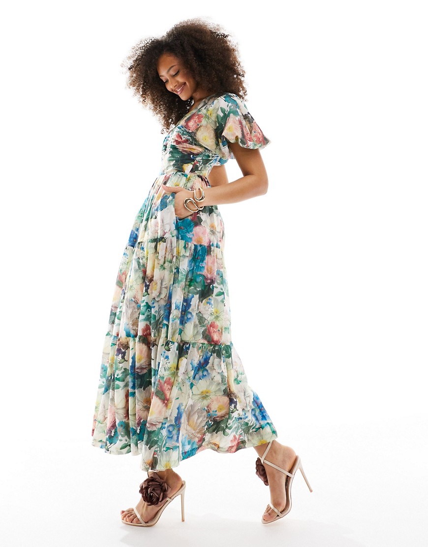 & Other Stories linen blend bustier midi dress in romance floral print-Multi