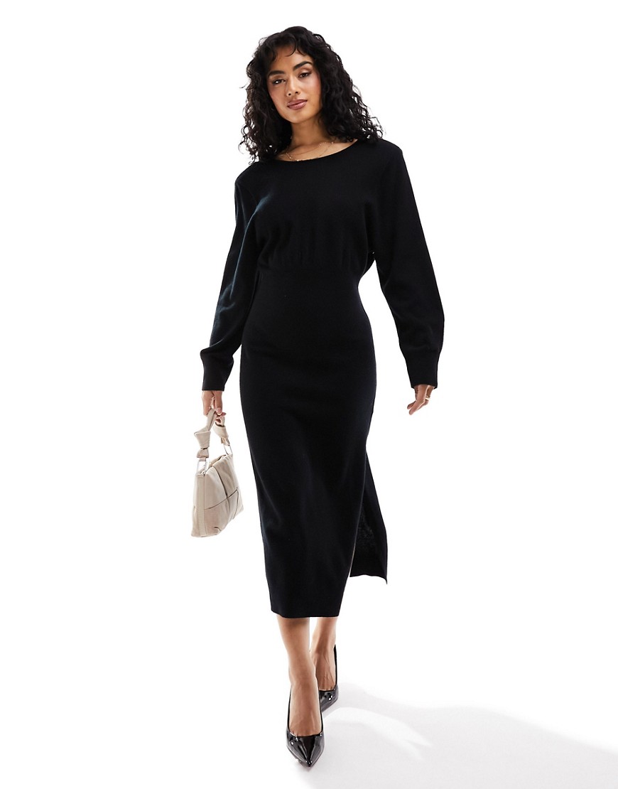 & Other Stories merino wool knitted midaxi dress with open v back in black