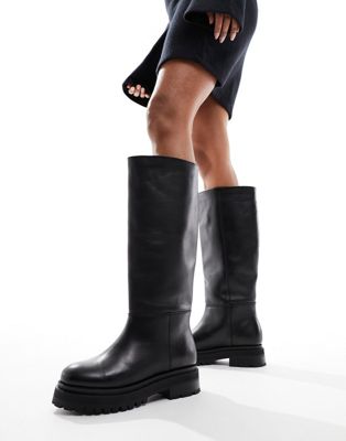&  premium leather chunky sole pull on boots in black