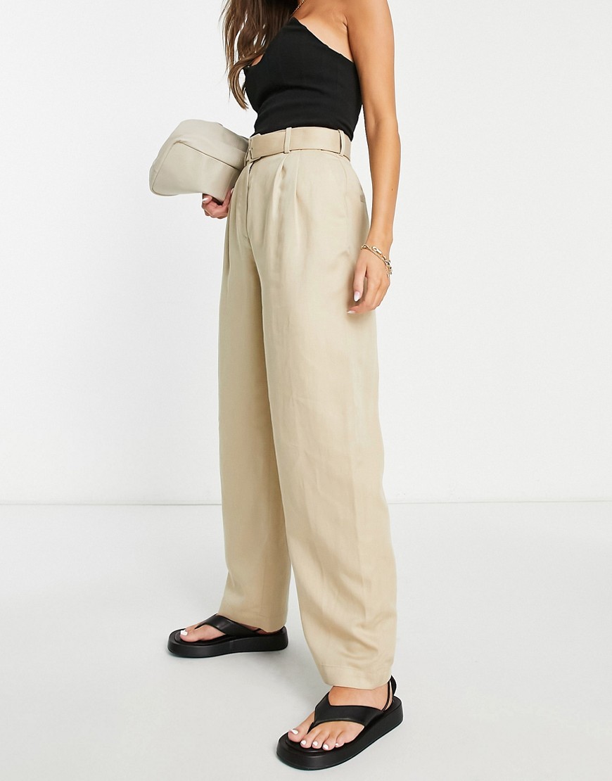 & Other Stories tailored belted straight leg trousers in beige-Neutral
