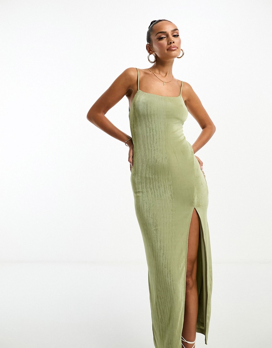 Paraellel Lines thigh split fitted maxi dress in olive-Green