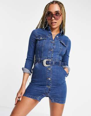 Parisian denim mini dress with western belt in mid blue - Click1Get2 Cyber Monday
