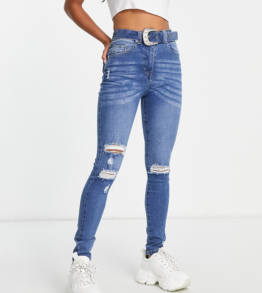Parisian Petite belted skinny jeans in mid blue