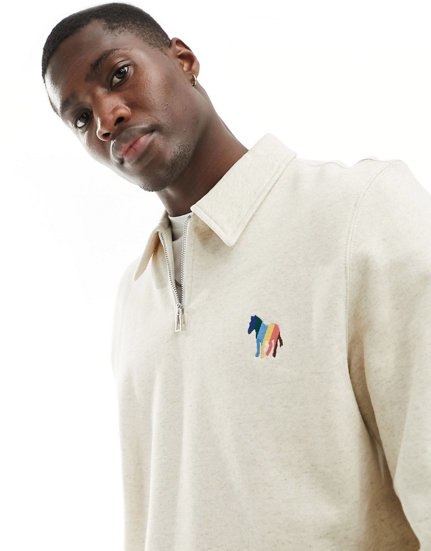 Paul Smith half zip collared sweatshirt with zebra logo in cream-White
