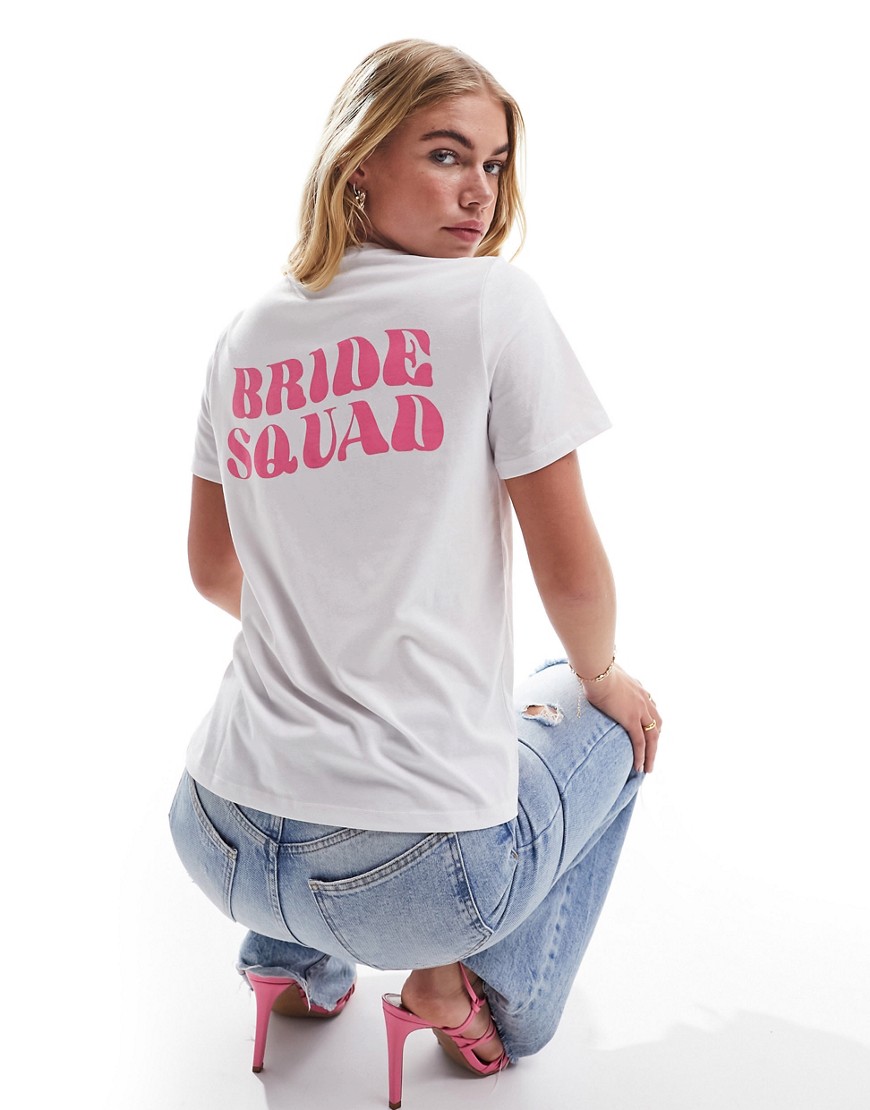 Pieces ’Bride Squad’ pink glitter back slogan t-shirt in white
