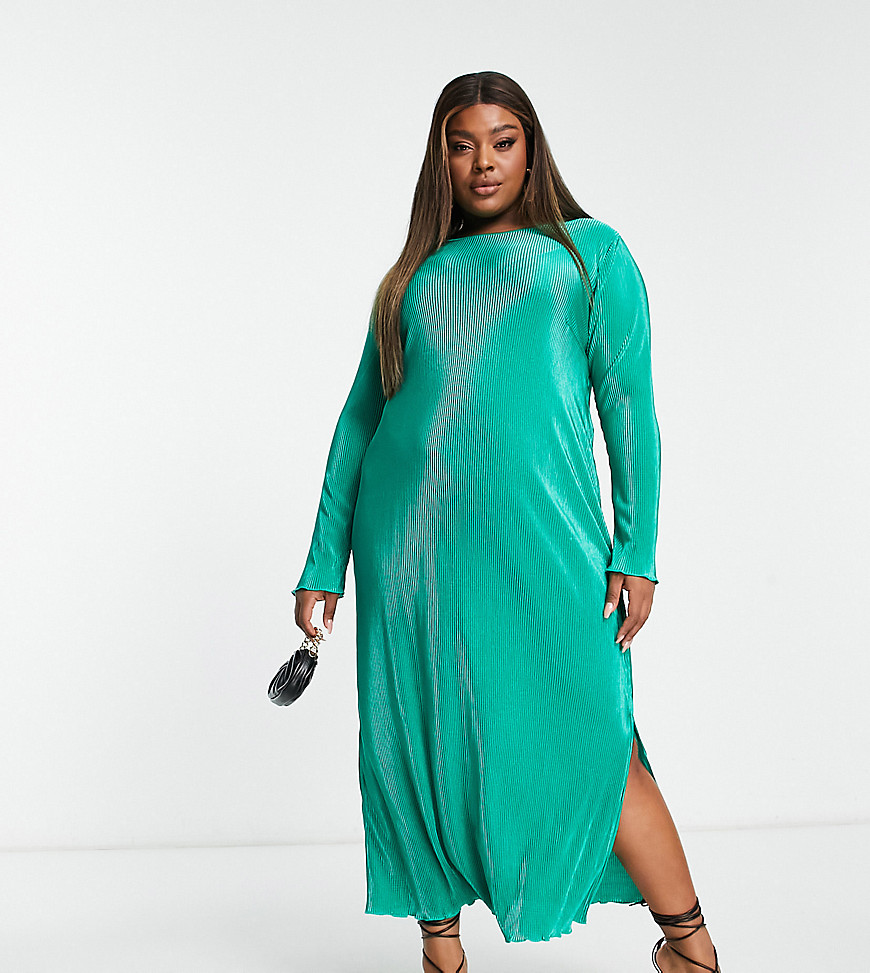 Pieces Curve exclusive plisse maxi dress with side split in bright green