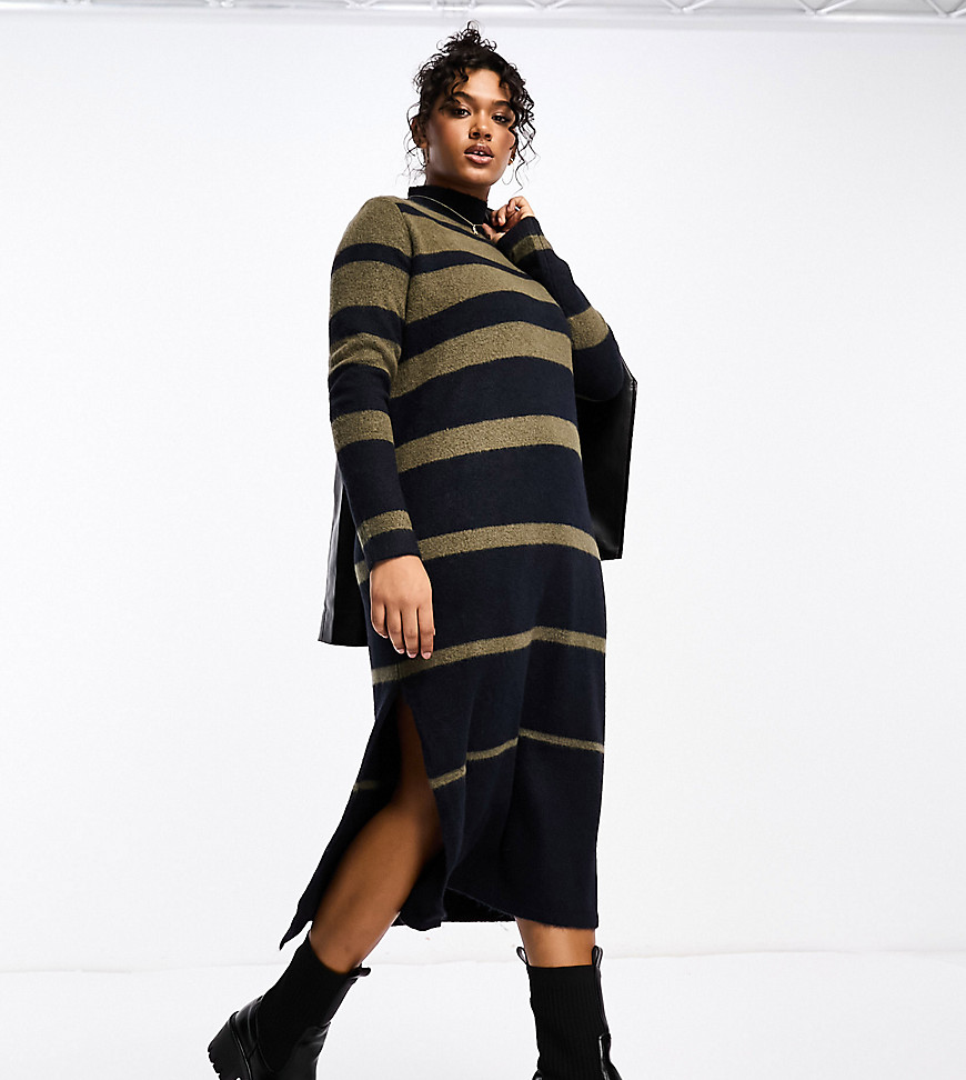Pieces Curve high neck knitted midi jumper dress in khaki & navy stripe-Multi