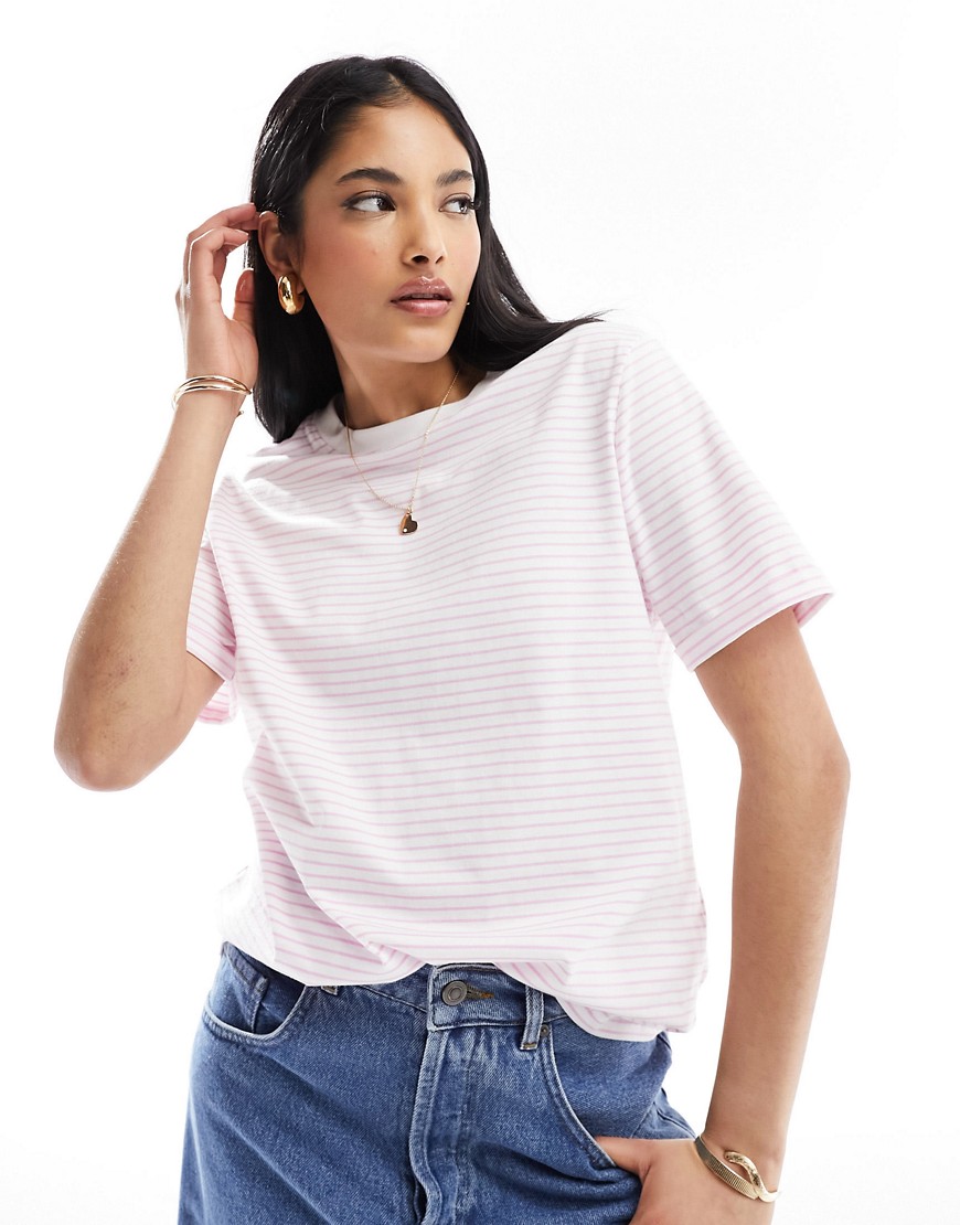 Pieces fold up sleeve t-shirt in pastel lilac stripe-Multi