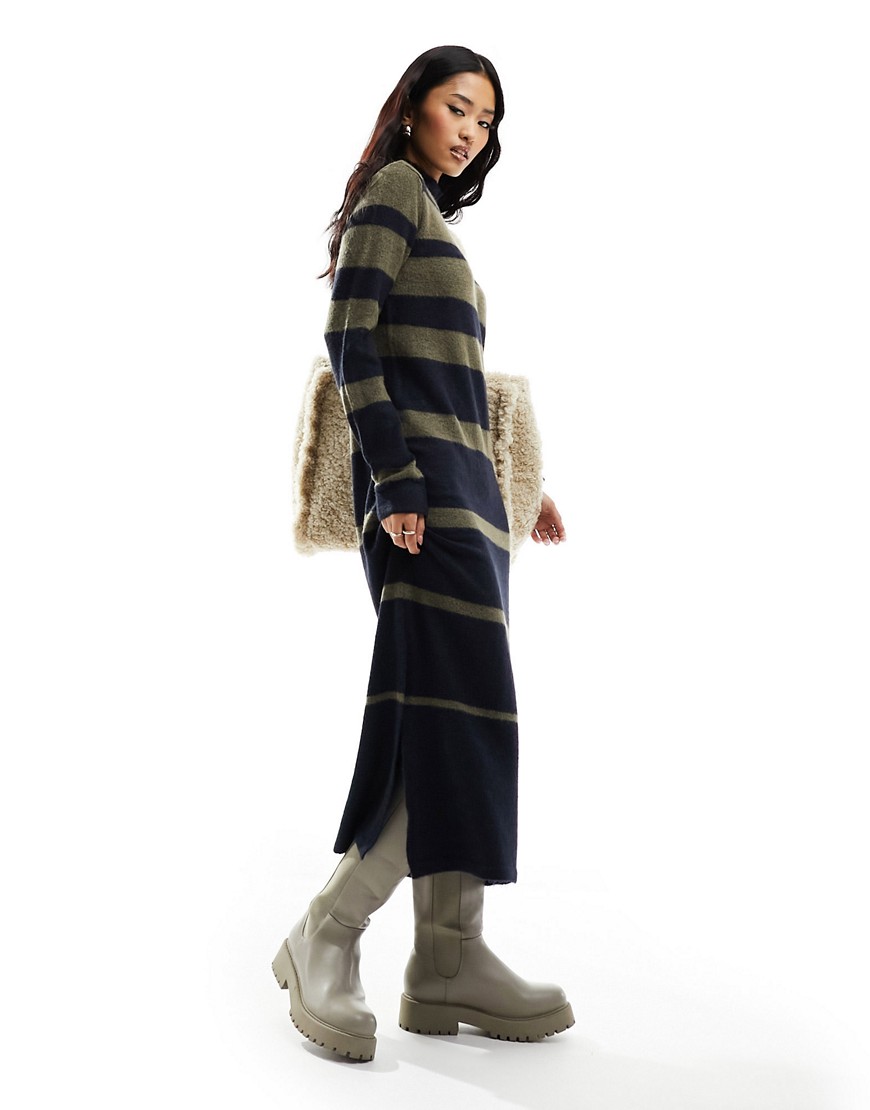 Pieces high neck knitted midi jumper dress in khaki & blue stripe-Multi