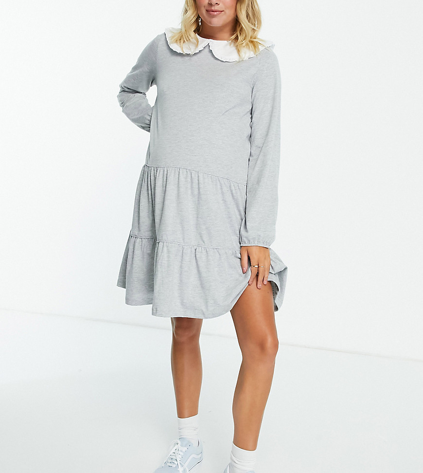 Pieces Maternity tiered smock dress with prairie collar in light grey