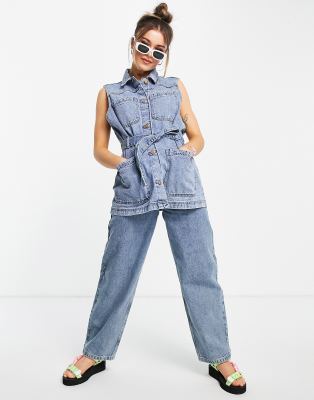 Pieces organic cotton blend denim vest with tie waist in blue - Click1Get2 Coupon&