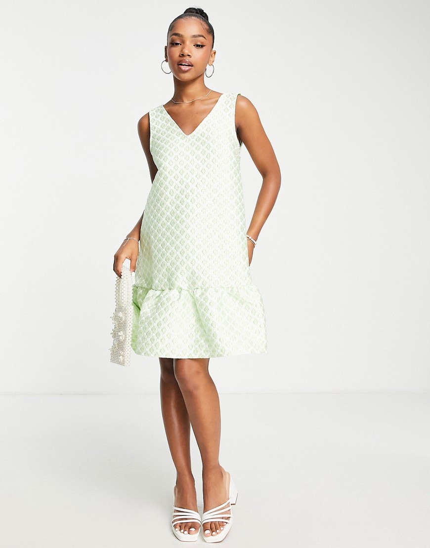 Pieces Premium v-neck jacquard peplum mini dress in green