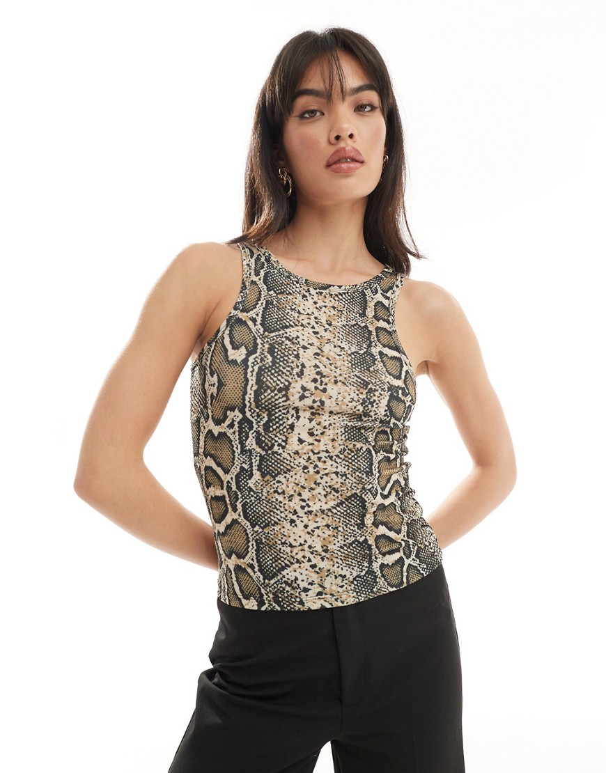Pieces racer neck vest top in snake print-Multi