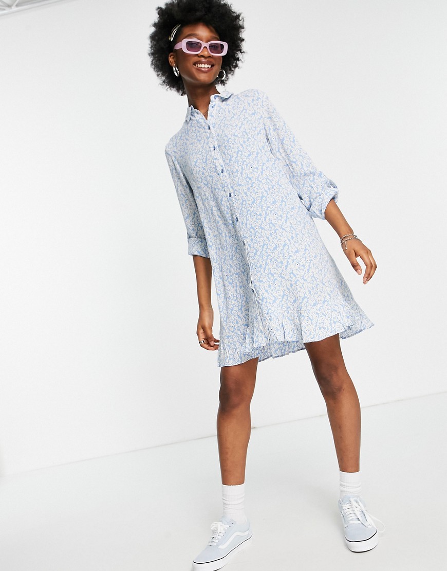 Pieces shirt dress with frill hem in blue ditsy floral-Multi