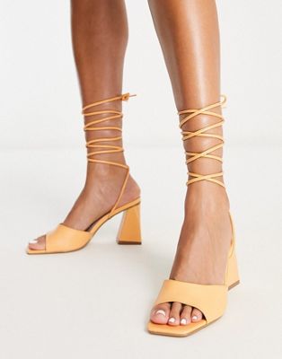 block heel sandal with tie ankle detail in orange