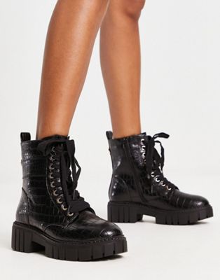 chunky cleated sole lace up boots in black croc