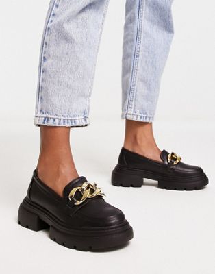 chunky loafer with gold chain detail in black