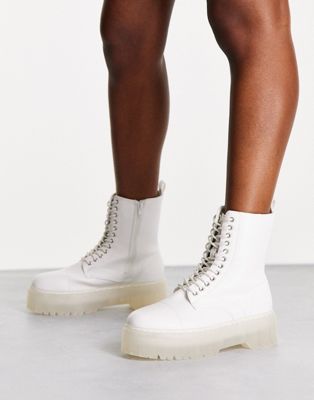faux leather lace up ankle boot in white