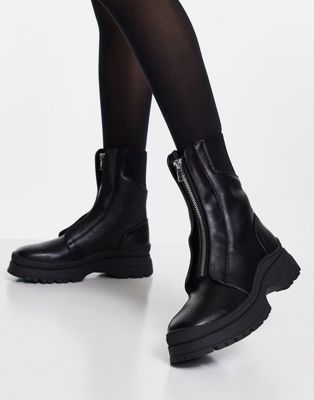 smooth zip front platform boot in black