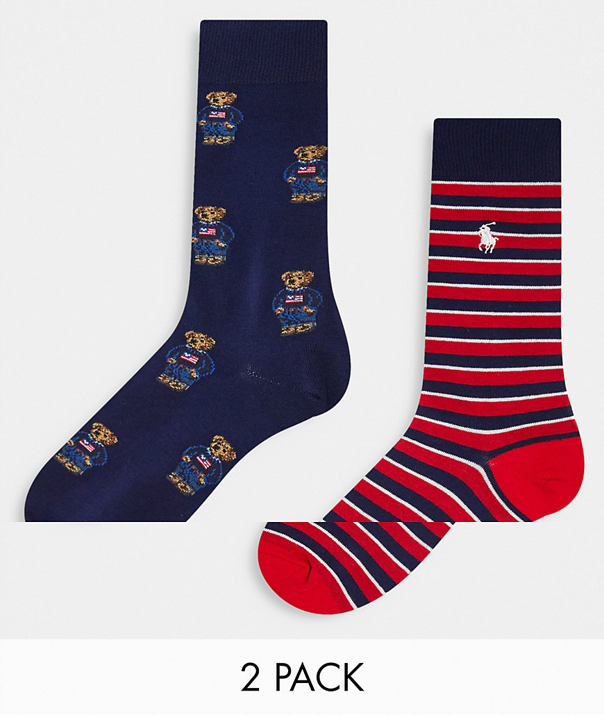 Polo Ralph Lauren 2 pack all over bear socks/stripe in navy, red-Multi