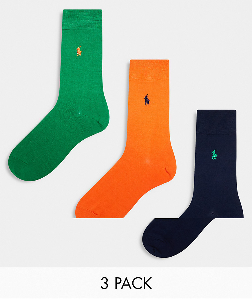 Polo Ralph Lauren 3 pack mercerized cotton socks with logo in orange green navy