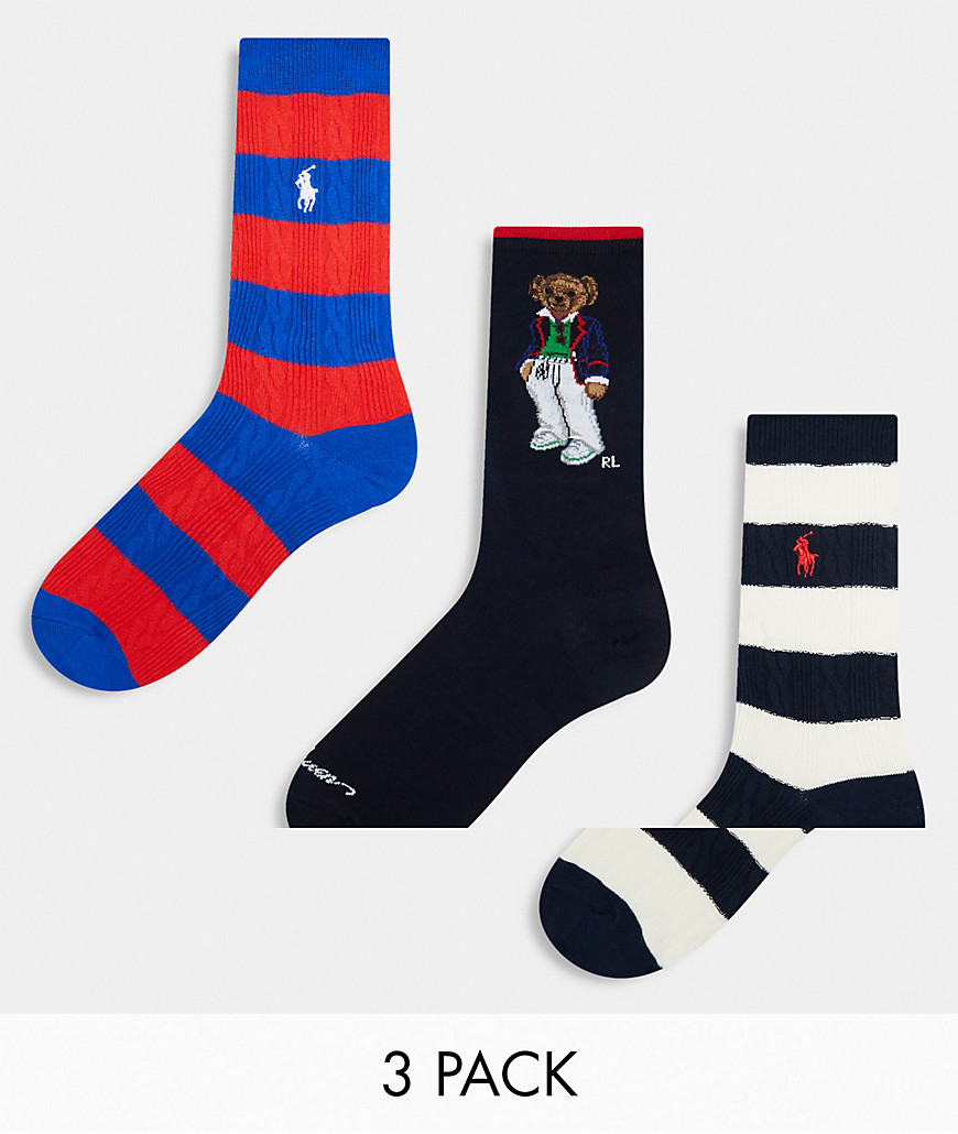 Polo Ralph Lauren 3 pack socks with bear, stripe in red blue cream