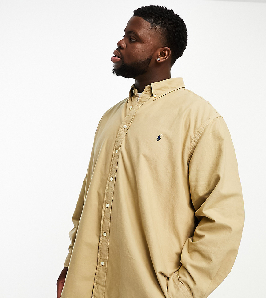 Polo Ralph Lauren Big & Tall icon logo classic fit garment dyed oxford shirt in tan-Brown