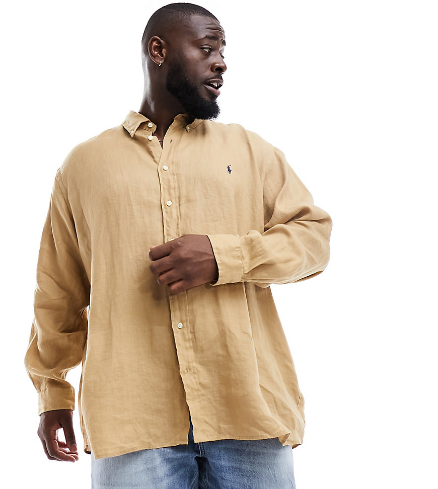 Polo Ralph Lauren Big & Tall icon logo linen shirt classic oversized fit in khaki tan-Brown