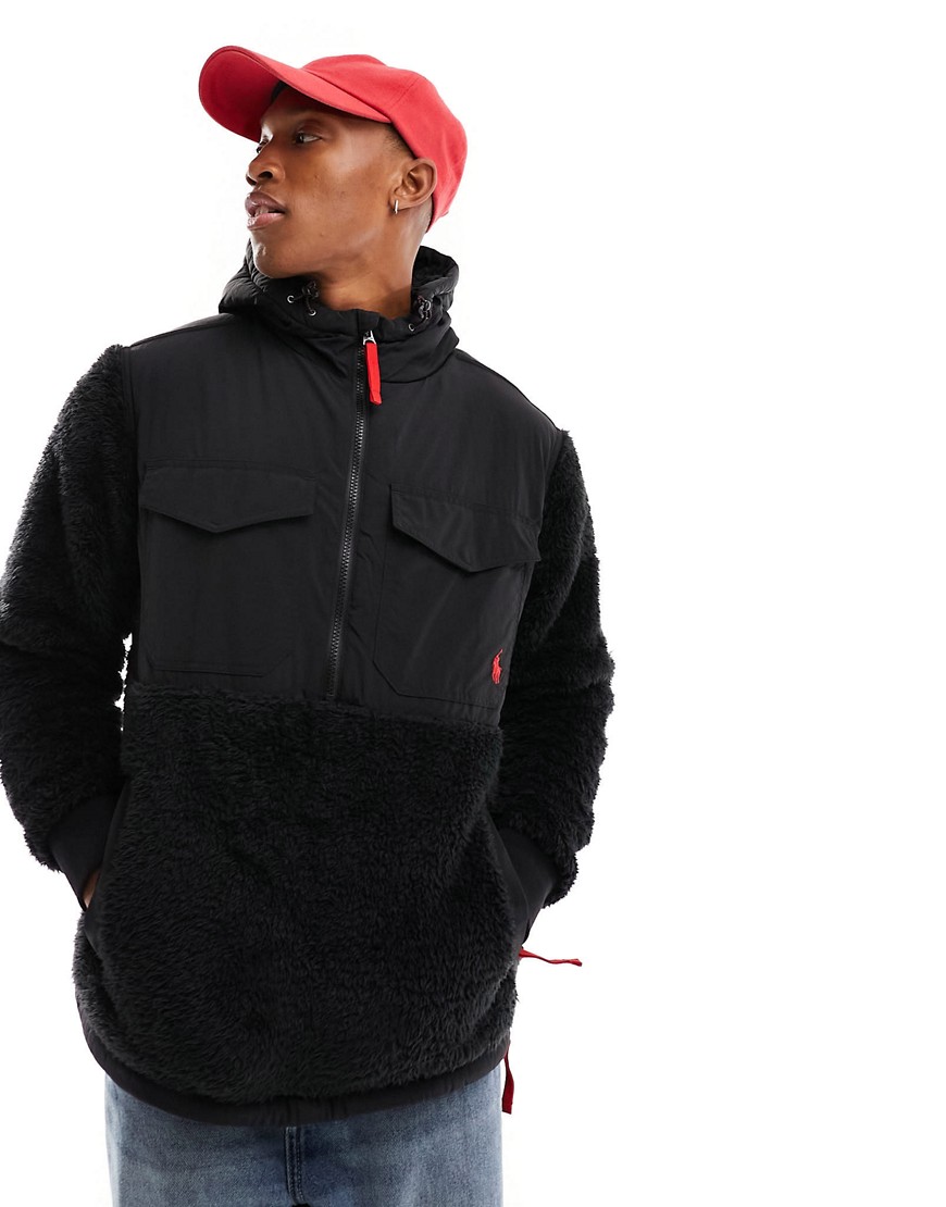 Polo Ralph Lauren icon logo borg hybrid half zip hoodie in black