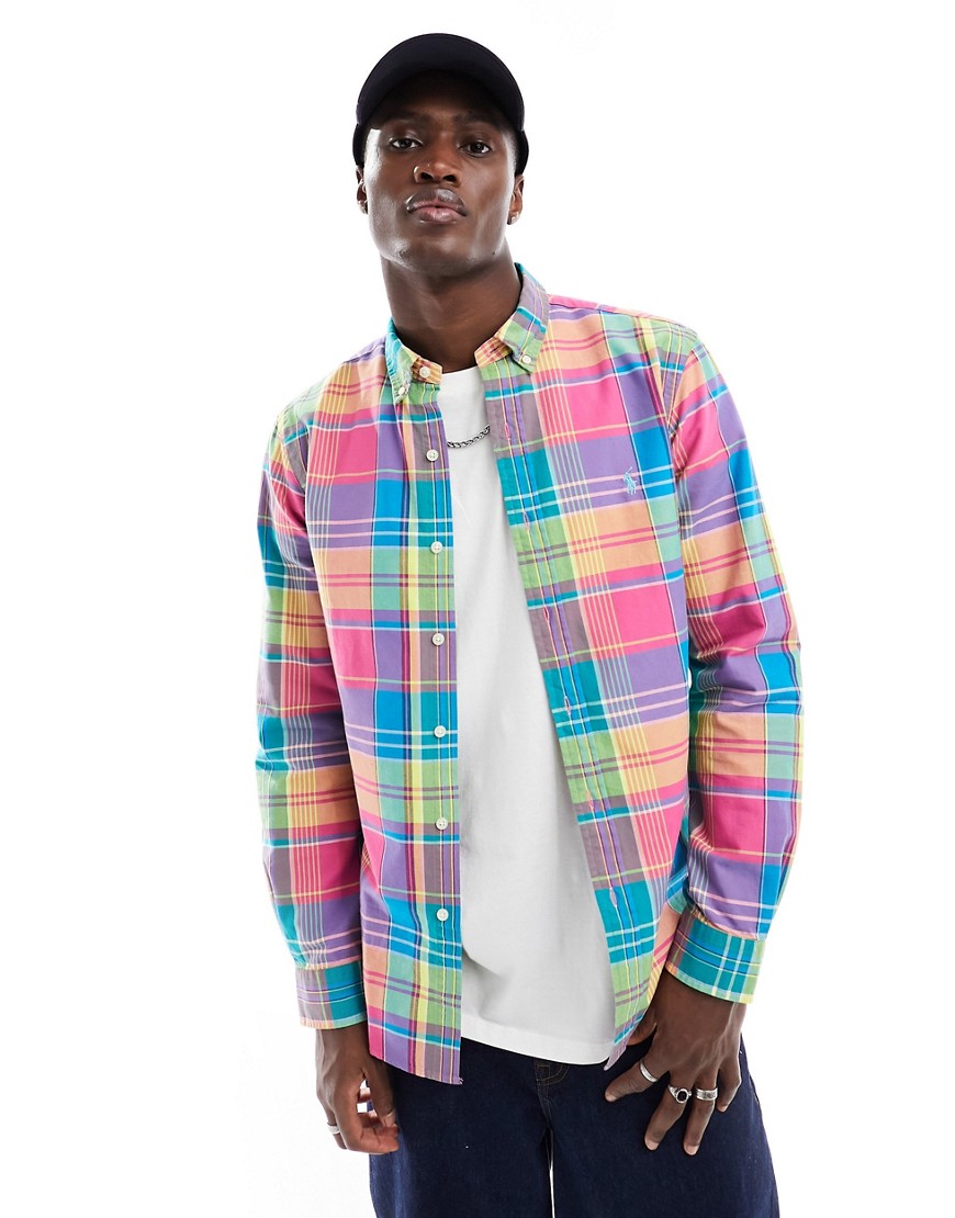 Polo Ralph Lauren icon logo check oxford shirt slim fit in pink/turquoise